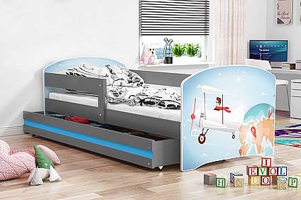 Dětská postel LUKI se šuplíkem - barva grafit - LETADLO