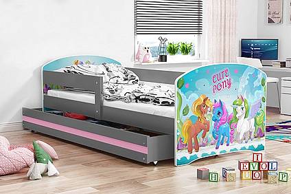Dětská postel LUKI se šuplíkem - barva grafit - PONÍCI