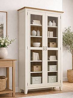 Vitrína PROVENCE SLIM W8P z masivu krémová